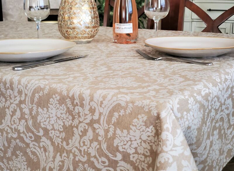 AMBOISE BEIGE French Luxury Royal Design Rectangular Tablecloth - French Oilcloth Stain Resistant Wipe Off Fabric - Elegant Party Table Decoration