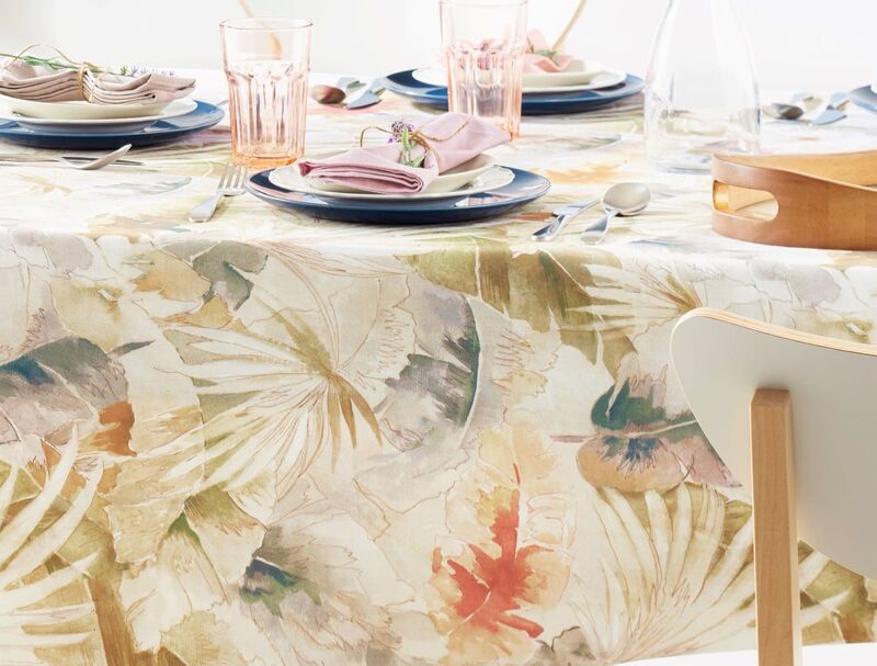 CELINE NATURE Contemporary Flowers Acrylic Cotton Coated Tablecloth - French Oilcloth Indoor Outdoor Party Table Cover - Spill Proof Easy Wipe Off Laminated Table cloths - French Elegant Home Decoration Gifts