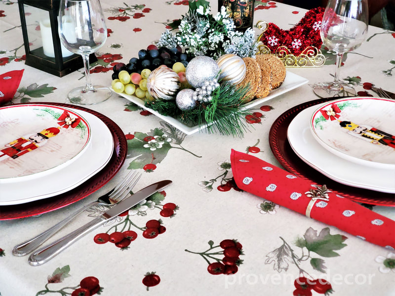 CHRISTMAS WINTERBERRY FLOWERS Acrylic Cotton Coated French Table cloths - French Oilcloth Spill Proof Easy Wipe Off Laminated Table Cover - Indoor Outdoor Decorative Christmas Table Set - XMAS Home Decoration Gifts
