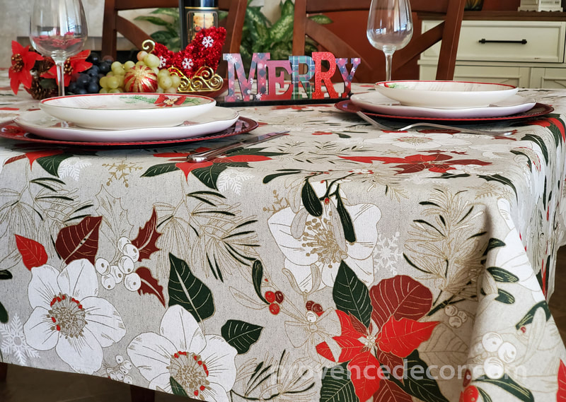 Solid Red Christmas Poinsettia Holly Fabric Tablecloth Xmas Winter Holiday Woven 