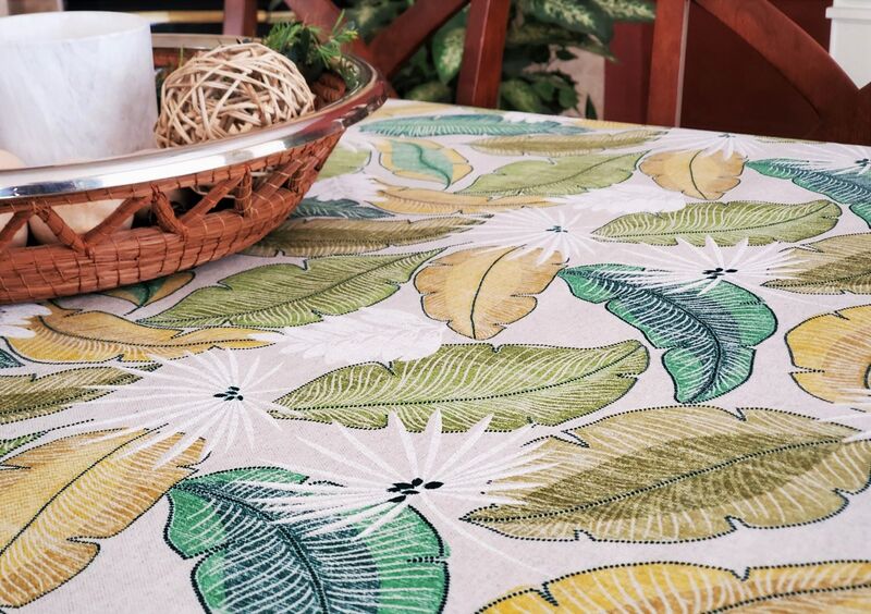 FOLIAGE GREEN Contemporary Leaves and Flowers Design Cotton Coated Rectangle Table cloths - French Oil cloth Spill Proof Wipe Off Table Cover - Elegant Modern Nature Home Decoration Gifts