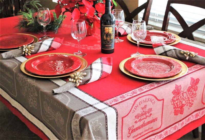 FRENCH WINE COUNTRY RED TAUPE Jacquard Woven Teflon Coated Cotton French Tablecloths - French Elegant Table Decoration - Wine Lovers Tablecloth Home Decoration Gifts