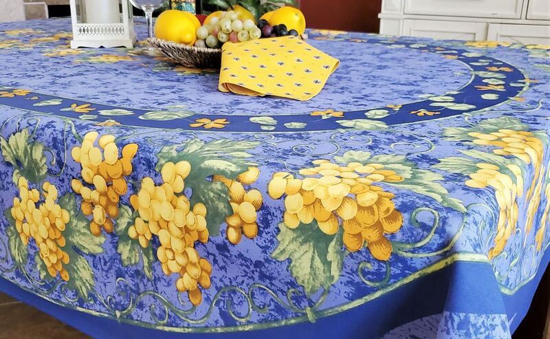 GRAPE BLUE French Provence Tablecloths - High Quality French Polyester Spill and Wrinkle Resistant - Indoor Outdoor Party Table Cover - Wine Lovers French Country Home Decoration Gifts
