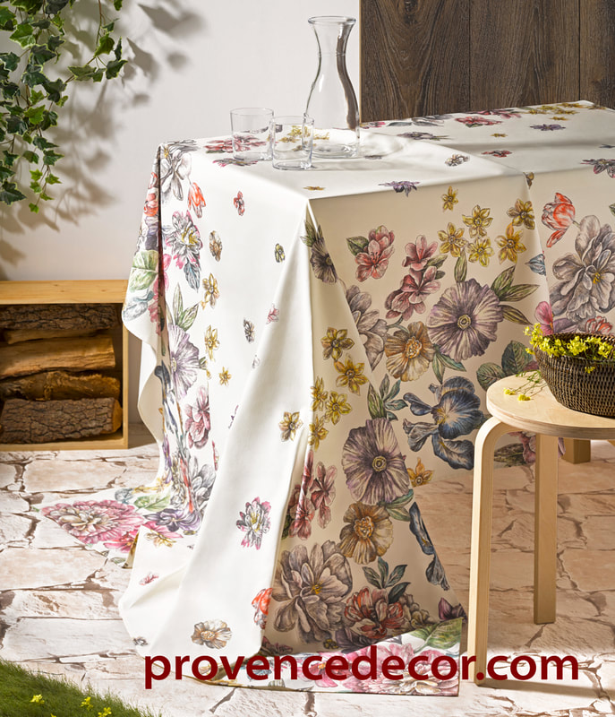 DAHLIA GARDEN BORDER Acrylic Cotton Coated Tablecloth - French Oilcloth Spill Proof Wipe Off Laminated Fabric - Indoor Outdoor Party Table Decoration - Flower Gardening Lovers Elegant Home Gifts