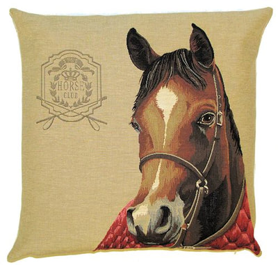 HORSE CLUB 1961 Tapestry Pillow Covers are woven on a Jacquard loom (crafted with true traditional tapestry technique) with 100% high quality cotton thread, lined with a plain beige cotton backing and close with a zipper. Size: 18" X 18"