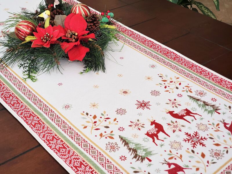 NOEL GREEN RED French Jacquard Tapestry Reversible Table Runner - Elegant French Christmas Winter Season Table Center Piece - Table Accent Home Decoration Accessories Gifts