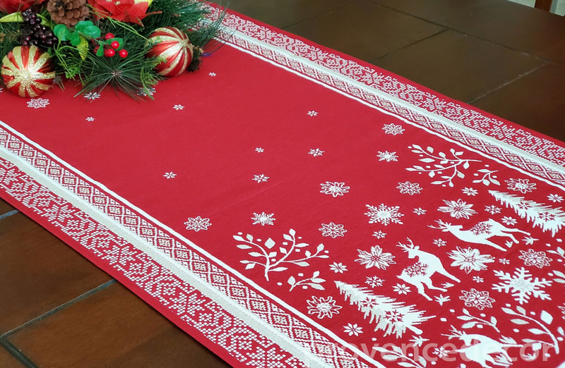 NOEL RED French Jacquard Tapestry Reversible Table Runner - Elegant French Christmas Winter Season Table Center Piece - Table Accent Home Decoration Accessories Gifts