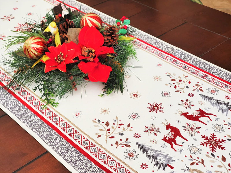 NOEL SILVER RED French Jacquard Tapestry Reversible Table Runner - Elegant French Christmas Winter Season Table Center Piece - Table Accent Home Decoration Accessories Gifts