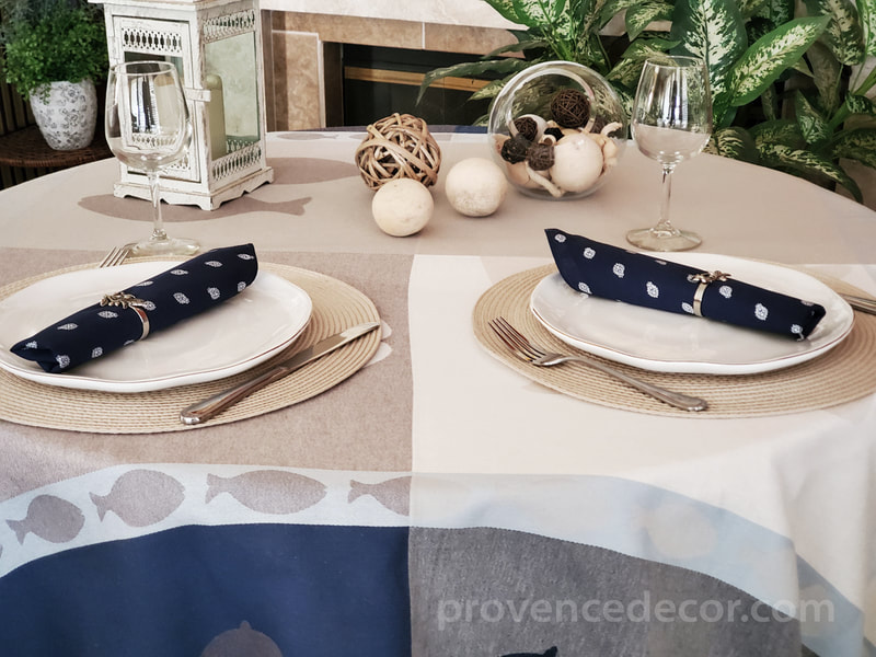OCEAN NAVY BEIGE Jacquard Woven Cotton Coated Reversible French Tablecloths - Easy Clean Elegant Decorative Entertaining Table Cloth - Beach Ocean Nature Lovers Home Table Decor Gifts