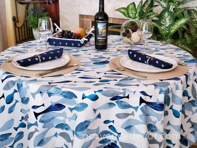 OCEAN FISH BLUE Acrylic Cotton Coated Table cloths - French Oil cloth Spill Proof Easy Wipe Off Party Tablecloths - Ocean Fish Beach Lovers Indoor Outdoor Party Table Cover - Home Decor Gifts
