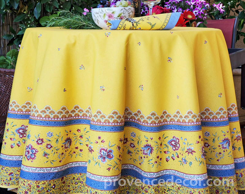 MELANIE YELLOW Acrylic Cotton Coated Tablecloths - French Oilcloth Spill Proof Wipe Off Laminated Fabric - Indoor Outdoor Party Table Cover - French Country Provence Flowers Home Decor Gifts