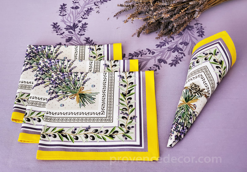 PROVENCE LAVENDER YELLOW French Decorative Napkin Set - High Quality Absorbent Soft Printed Cotton - French Country Design - Provence Olives Lavender Flowers Table Home Decor Gifts