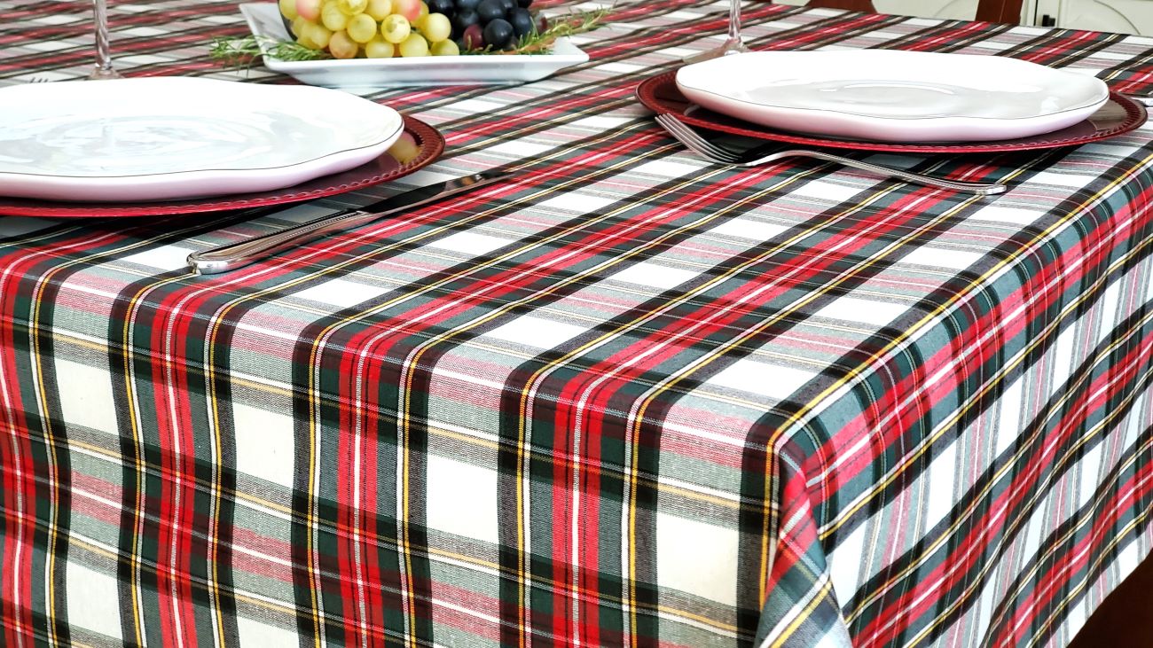 CALEDONIA TARTAN WHITE Acrylic Cotton Coated Tablecloths - French Oilcloth Indoor Outdoor Party Traditional Scottish Style Plaid Fabric - Spill Proof Easy Wipe Off Laminated Table Cover - Home Decoration Gifts