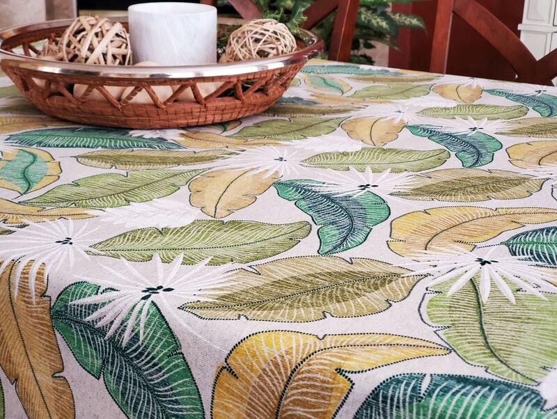 TRENDY FOLIAGE GREEN Contemporary Leaves and Flowers Design Cotton Coated Table cloths - French Oil cloth Spill Proof Wipe Off Table Cover - Elegant Modern Nature Home Decoration Gifts