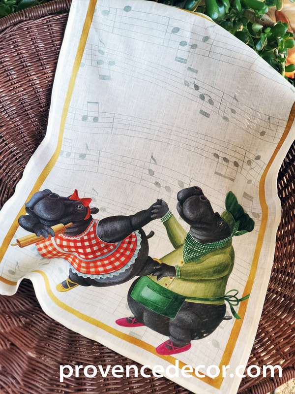 DANCING COOKING HAPPY HIPPO YELLOW European Linen Dishtowels - Exclusive Designs Tea Towels - Elegant 100% Linen Rabbit Kitchen Towels - Animals Hippo Cooking Dance Lovers Dish Towels - Music Home Kitchen Hand Towels - French Home Decor Gifts