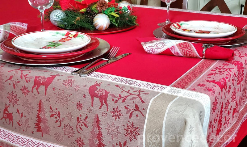 NOELLE CHRISTMAS RED Cotton Jacquard Woven Teflon French Tablecloths - Elegant Decorative Christmas Tablecloth - XMAS Celebration Party Table Cover - Christmas Table Decoration Gifts