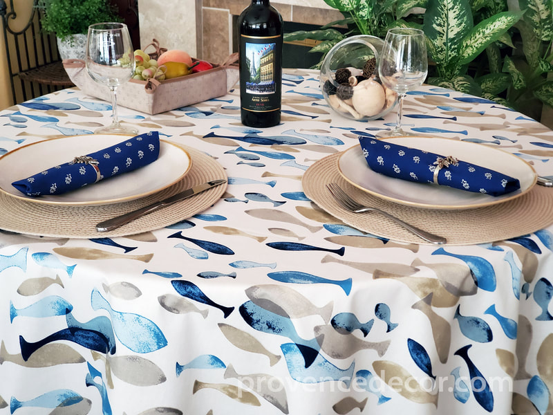 OCEAN FISH BLUE BEIGE Acrylic Cotton Coated Table cloths - French Oil cloth Spill Proof Easy Wipe Off Party Tablecloths - Ocean Fish Beach Lovers Indoor Outdoor Party Table Cover - Home Decor Gifts