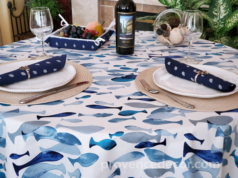 OCEAN FISH BLUE Acrylic Cotton Coated Table cloths - French Oil cloth Spill Proof Easy Wipe Off Party Tablecloths - Ocean Fish Beach Lovers Indoor Outdoor Party Table Cover - Home Decor Gifts