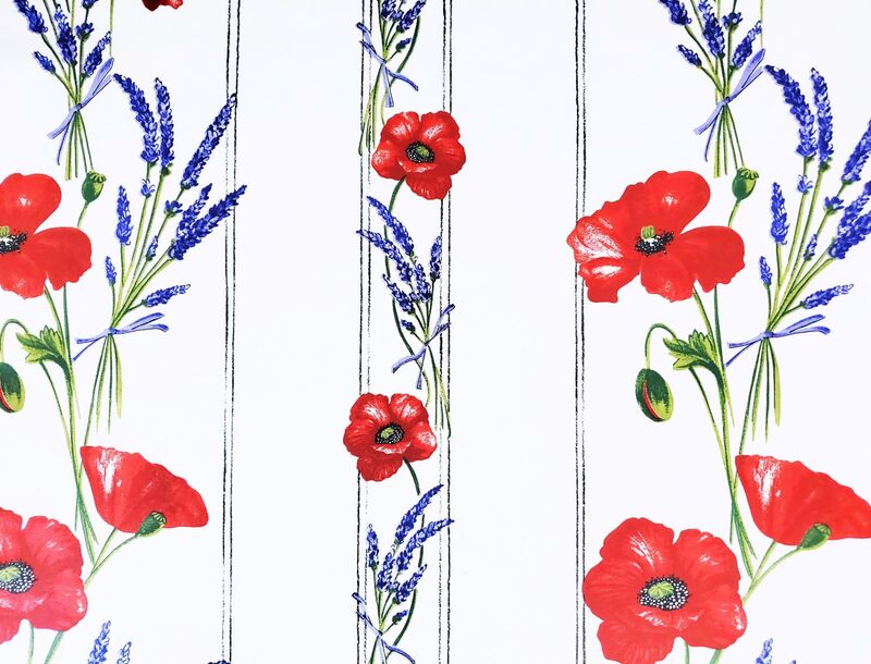 POPPY LAVENDER WHITE Acrylic Cotton Coated FABRIC BY THE YARD 61" inches wide - French Oilcloth Indoor Outdoor - Elegant French Country Flowers Spill Proof Easy Wipe Off Laminated Material
