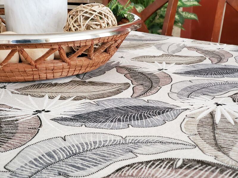 TRENDY FOLIAGE GRAY Contemporary Leaves and Flowers Design Cotton Coated Table cloths - French Oil cloth Spill Proof Wipe Off Table Cover - Elegant Modern Nature Home Decoration Gifts