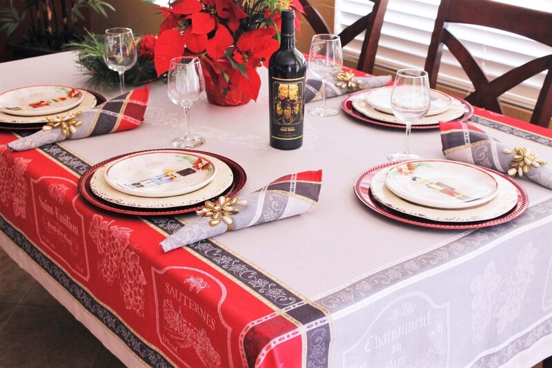 FRENCH WINE COUNTRY GRAY RED Jacquard Woven Teflon Coated Cotton French Tablecloths - French Elegant Table Decoration - Wine Lovers Tablecloth Home Decoration Gifts