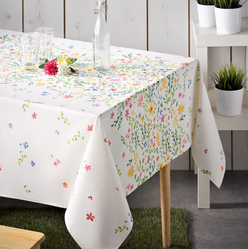 COUNTRY FLOWERS CENTER DESIGN Wildflowers Aquarelle Painting Style Border Print Tablecloth - French Oilcloth Acrylic Cotton Coated Spill Proof Easy Wipe Off Fabric - In/Outdoor Elegant Party Table Decor - French Country Nature Flowers Home Decoration Gift