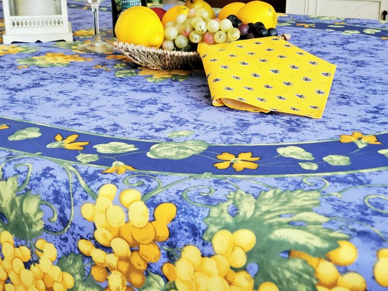 GRAPES BLUE French Provence Tablecloths - High Quality French Polyester Spill and Wrinkle Resistant - Indoor Outdoor Party Table Cover - Wine Lovers French Country Home Decoration Gifts