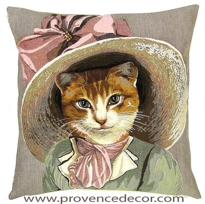 CAT PINK RIBBON HAT European Belgian Tapestry Throw Pillow Cases - Decorative 18 X 18 Pillow Covers - Zippered Throw Pillow Case - Jacquard Woven Belgium Tapestry Cushion Covers -  Fun Cat Decor Lover Gift - Victorian Home Decor Gifts