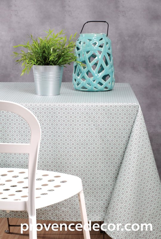 CLASSIQUE AQUA GRAY Acrylic Cotton Coated Contemporary Fashion Table cloths - French Oilcloth Spill Proof Wipe Off Indoor Outdoor Tablecloths - French Country Honeycomb Design Honeybee lovers Home Decor Gifts
