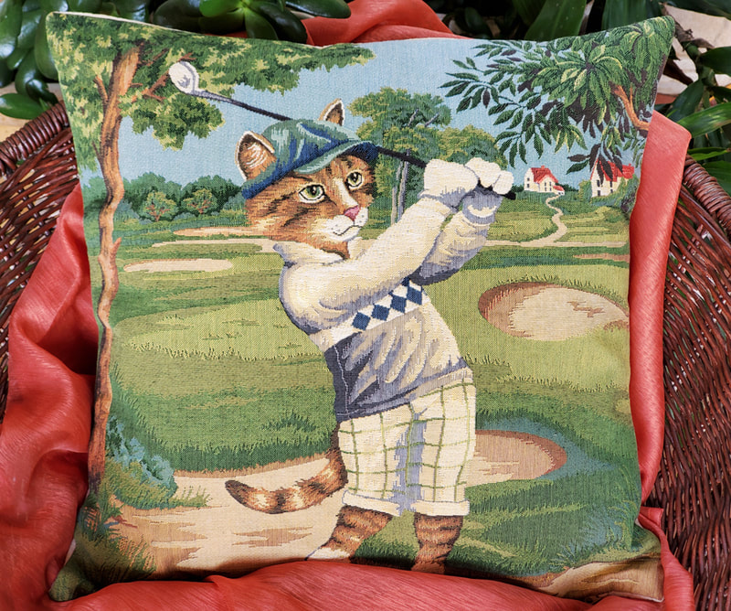GOLFER CAT BLUE Authentic European Tapestry Throw Pillow Cases - Golfing Animal Lovers Decorative Cushion Covers - Golf Players Home Decor Gifts