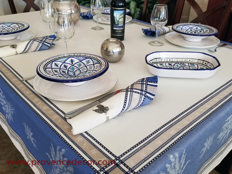 LAVENDER WHITE BLUE Jacquard Woven Teflon Cotton Coated French Table cloths - Easy Clean Elegant Lavender Lovers Table Decor - French Country Provence Home Decor Gifts
