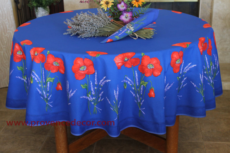 POPPY LAVENDER BLUE Cotton Coated French Provence Tablecloth - French Oilcloth Indoor Outdoor Round Circle Table cloth Rectangle Rectangular Tablecloths - French Country Home Decor Gifts