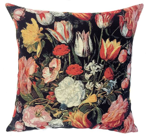 FLOWERS GARDEN BLACK European Jacquard Woven Throw Pillow Cases - Flower Art Home Decor Cushion Covers - Multi Color Tulips Reversible Decorative Pillow Covers