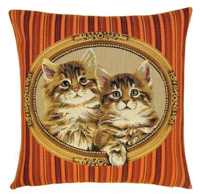 PORTRAIT KITTENS STRIPES European Tapestry Pillow Case has the cutest kittens in a Royal Frame Portrait with a Striped Wall Paper behind it.
These gorgeous Jacquard Tapestry Throw Pillow Cases are woven with 100% high quality cotton, lined with a plain beige cotton backing and close with a zipper.
Size: 18" X 18"