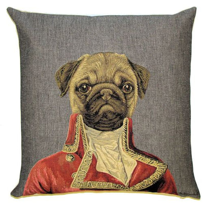 DOG ARISTO PUG Tapestry Pillow Covers are woven on a Jacquard loom (crafted with true traditional tapestry technique) with 100% high quality cotton thread, lined with a plain beige cotton backing and close with a zipper. Size: 18" X 18"