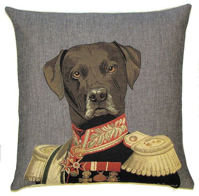 DOG ARISTO CHOCOLATE LABRADOR Tapestry Pillow Covers are woven on a Jacquard loom (crafted with true traditional tapestry technique) with 100% high quality cotton thread, lined with a plain beige cotton backing and close with a zipper. Size: 18" X 18"