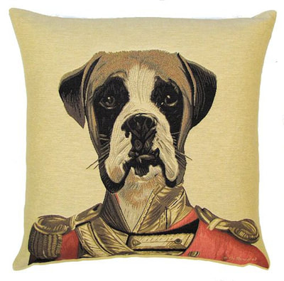 DOG ARISTO BOXER Tapestry Pillow Covers are woven on a Jacquard loom (crafted with true traditional tapestry technique) with 100% high quality cotton thread, lined with a plain beige cotton backing and close with a zipper. Size: 18" X 18"