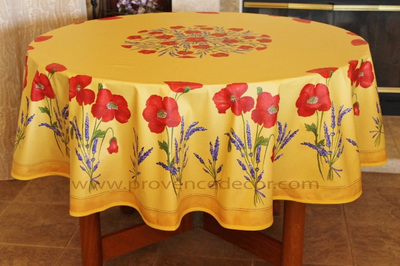 POPPY LAVENDER YELLOW Cotton Coated French Provence Tablecloth - French Oilcloth Indoor Outdoor Round Circle Table cloth Rectangle Rectangular Tablecloths - French Country Home Decor Gifts
