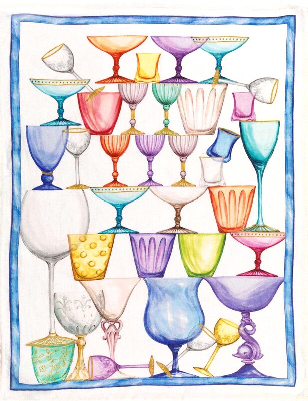 CRYSTAL GLASSES BLUE European Linen Dishtowels - Exclusive Designs Tea Towels - Elegant 100% Linen Kitchen Towels - Fun Crystal Glass Decorative Dish Towels - Elegant China Kitchen Hand Towels Home Decor Gifts