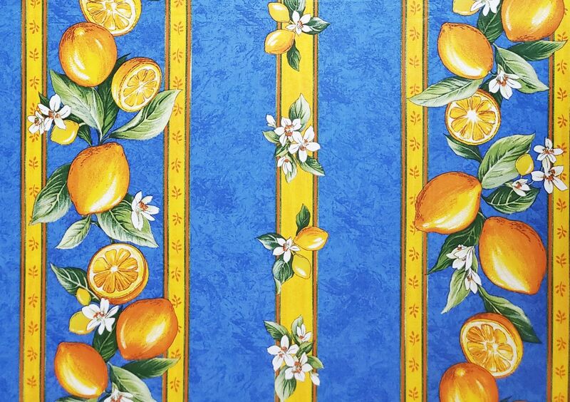 LEMON BLUE Acrylic Cotton Coated FABRIC BY THE YARD 61" inches wide - French Oilcloth Indoor Outdoor - Elegant French Country Decoration Spill Proof Easy Wipe Off Laminated Material