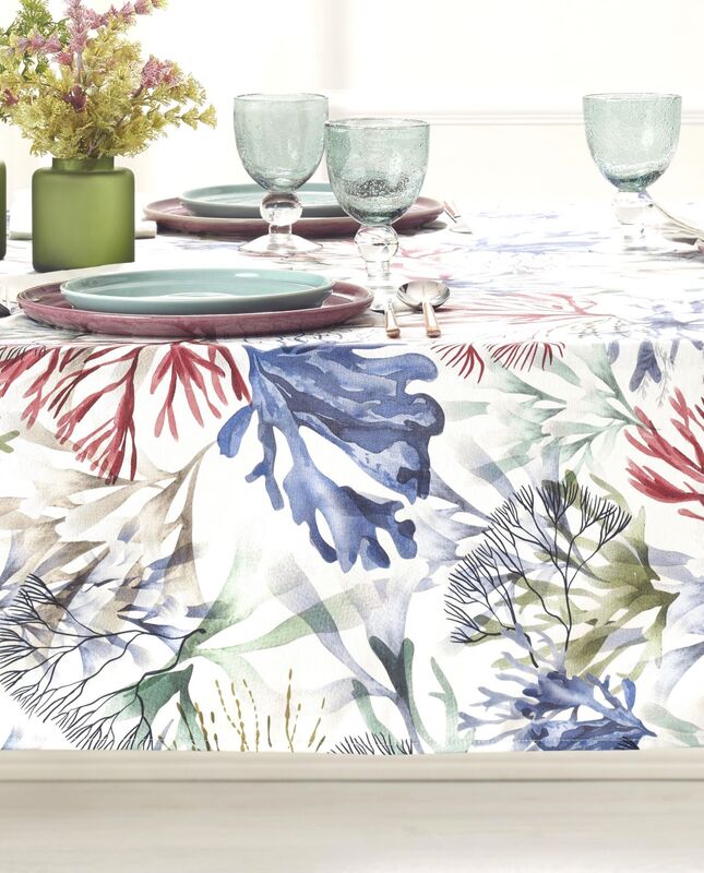 MARTINIQUE CORALS Aquarelle Painting Style Art Tablecloth - French Oilcloth Acrylic Cotton Coated Spill Proof Easy Wipe Off Fabric - In/Outdoor Decorative Party Table Decor - Elegant Nature Beach Home Decor