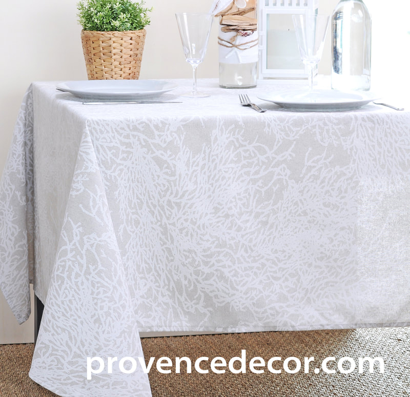 FRENCH RIVIERA WHITE Acrylic Coated French Provence Tablecloth - French Oilcloth Indoor Outdoor Table Decor - Water Stain Resistant Wipeable Tablecloths - French Country Home Decor Gifts