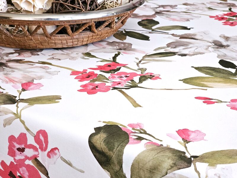 LA VIE EN ROSE FLORAL French Country Acrylic Cotton Coated Tablecloths - French Oilcloth Indoor Outdoor Party Table Decor - Spill Proof Easy Wipe Off Laminated Fabric - Art on the Table Flowers Home Decoration Gifts