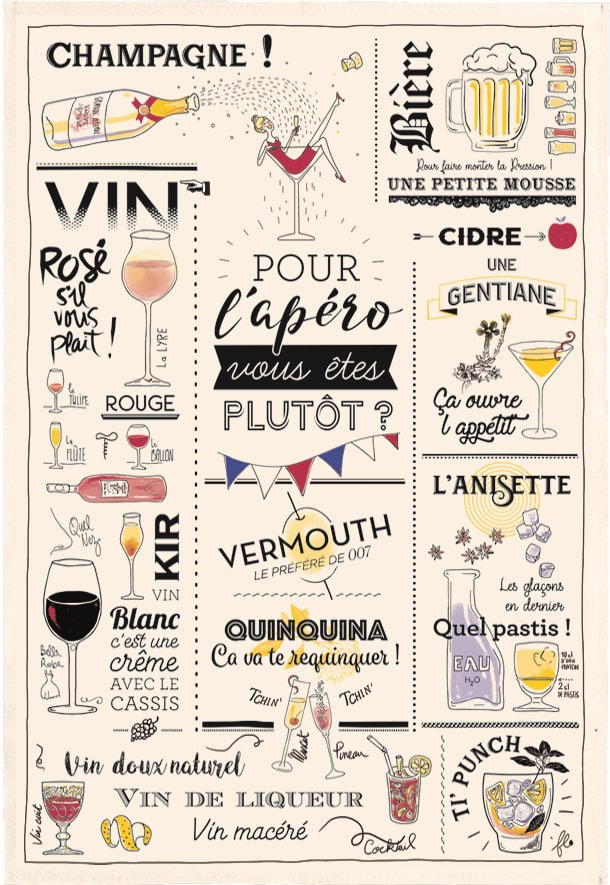 CHEERS! Exclusive Design French Tea Towels - Elegant 100% Cotton Kitchen Towels - Wine Beer Champagne Cocktails Lovers Dishtowels - L'Apero French Kitchen Towels Home Decor Gift