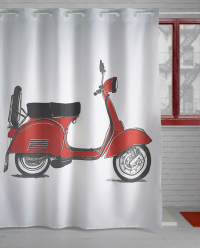 CLASSIC VESPA RED SCOOTER SHOWER CURTAIN Printed on 100% high quality soft woven polyester with high grade non-toxic ink to ensure vibrant colors and lasting durability. ​Bold graphics printed with state of the art digital printing technology. Material: 100% high quality Polyester, Number of Hook Holes: 12 - 6" apart
Hook holes are reinforced with plastic rings for long and lasting use (HOOKS NOT INCLUDED) 
Size: 72" long X 70" wide
Water Resistant - No liner needed.