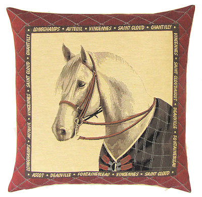 HORSE SNOW PORTRAIT Tapestry Pillow Covers are woven on a Jacquard loom (crafted with true traditional tapestry technique) with 100% high quality cotton thread, lined with a plain beige cotton backing and close with a zipper. Size: 18" X 18"