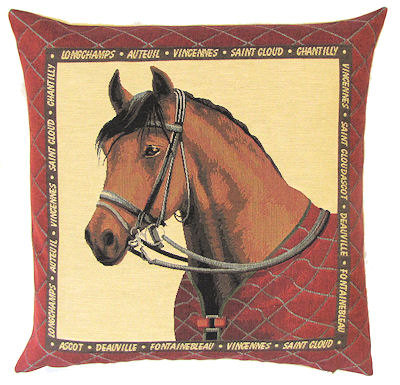 HORSE CHOCOLATE PORTRAIT Tapestry Pillow Covers are woven on a Jacquard loom (crafted with true traditional tapestry technique) with 100% high quality cotton thread, lined with a plain beige cotton backing and close with a zipper. Size: 18" X 18"