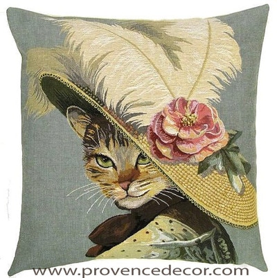 CAT ROSE HAT European Belgian Tapestry Throw Pillow Cases - Decorative 18 X 18 Pillow Covers - Zippered Throw Pillow Case - Jacquard Woven Belgium Tapestry Cushion Covers -  Fun Cat Decor Lover Gift - Victorian Home Decor Gifts