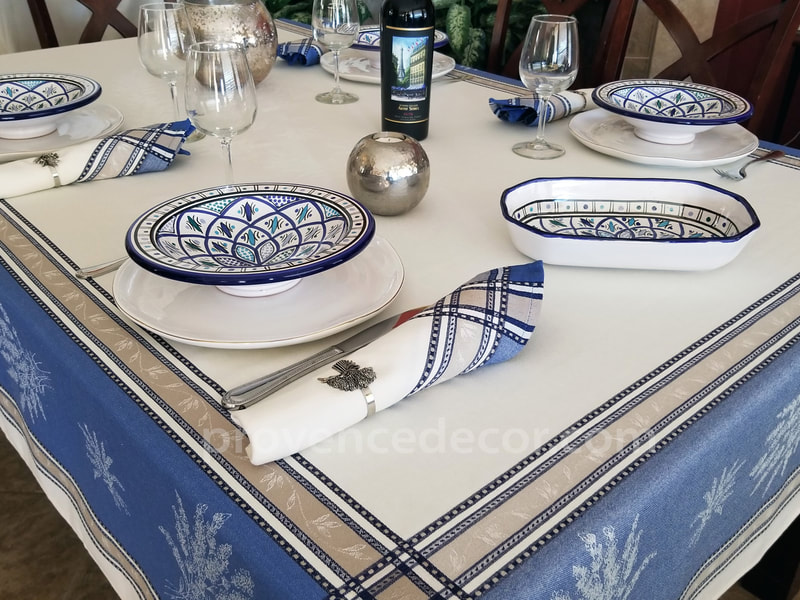 Provence Décor offers this high quality luxury collection of Jacquard Woven Teflon tablecloths. They are made with double woven 100% cotton and have a Teflon coating to protect from stain but also keeping the soft feel of a cotton.