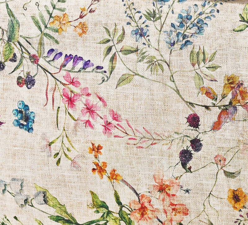 AMELIE WILDFLOWERS BERRIES Acrylic Cotton Coated FABRIC BY THE YARD 61" inches wide - French Oilcloth Indoor Outdoor - Elegant Nature Garden Spill Proof Easy Wipe Off Laminated Material